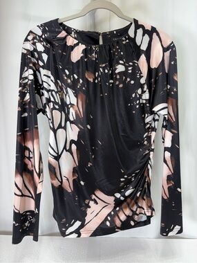 Cache Black Blush White Abstract Ruched Long Sleeve Tee 3823